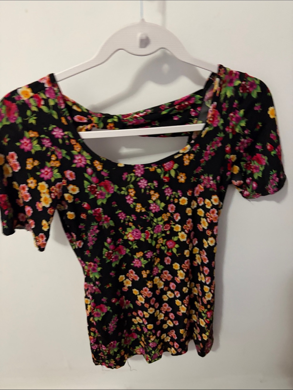 Black Floral Short Sleeve Women's Top - Pink & Yellow Flower Print